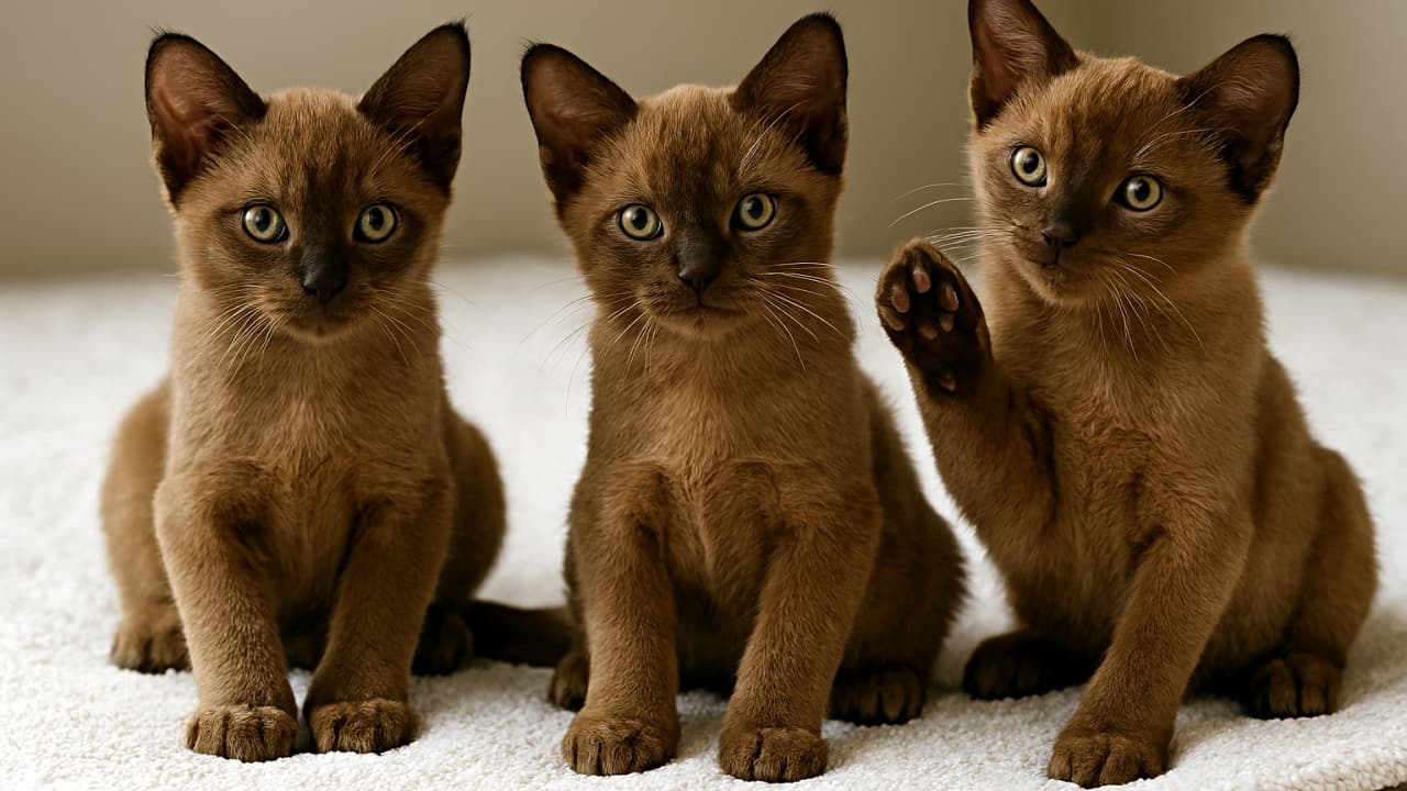 Three Burmese kittens sitting on a white towel, each striking a unique pose toward the camera in a lifelike, high-resolution photo.