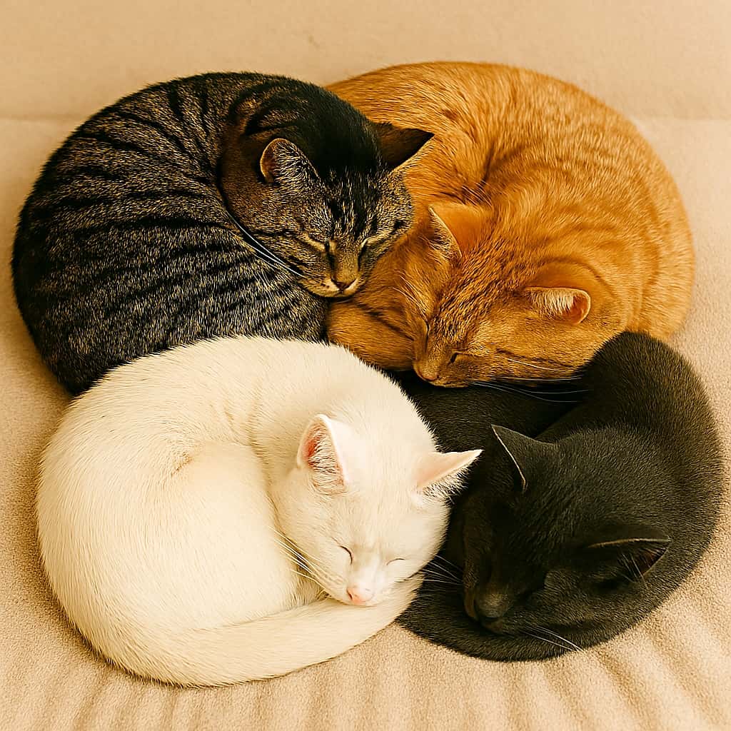 ４匹の子猫が体を丸めて密着し、尻尾を巻き込みながら一つの大きな円形を作って眠っている様子。毛色はそれぞれ異なり、まるでアンモナイトの化石のような形になっている
