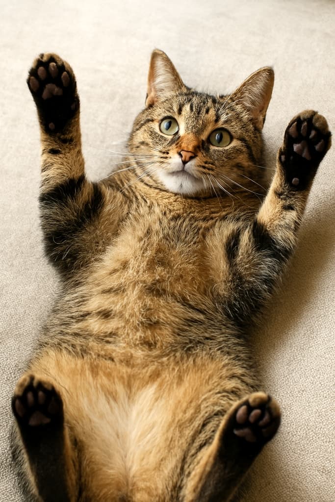 仰向けに寝転び、両前足を上に突き出して「お手上げ」している短毛の茶トラ猫。腹部を見せた無防備な姿勢で、ピンクがかった鼻と緑の瞳が印象的。毛並みは茶色と黒の縞模様で、腹部はクリーム色に近い柔らかな色合い。前足の肉球は濃い茶色で、指が自然に開いている。背景は淡いベージュのカーペットで、猫の姿勢を中心に縦構図で切り取られている