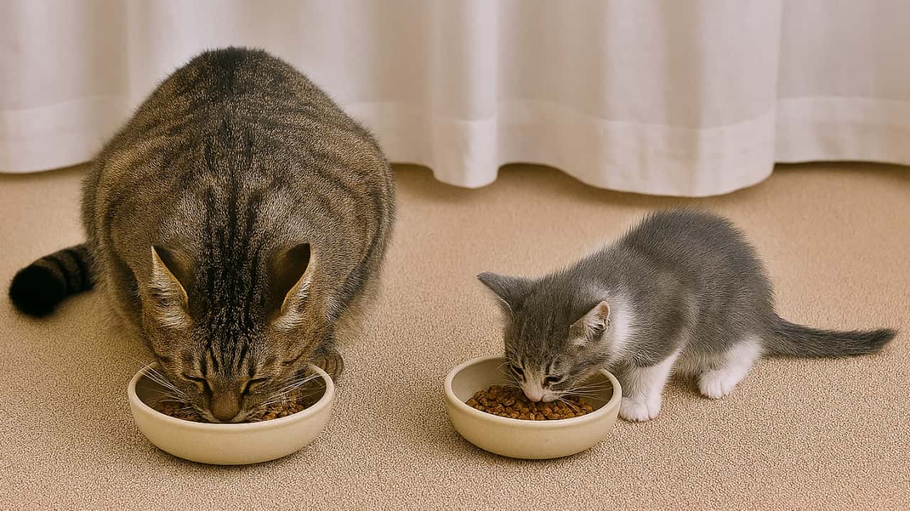 白いカーテンを背景に、成猫と子猫が横並びで食事をしている横長の室内シーン。ベージュのカーペットの上に器が2つ並び、それぞれの猫が落ち着いた様子で食べている。柔らかな自然光が全体を包み、静けさと安心感が漂う