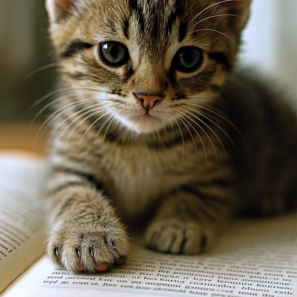 本の上に前足を乗せてじっと見つめる、好奇心いっぱいの子猫のクローズアップ写真。柔らかな背景が子猫の表情を引き立てる（Reading? Paws-itively fascinating.）