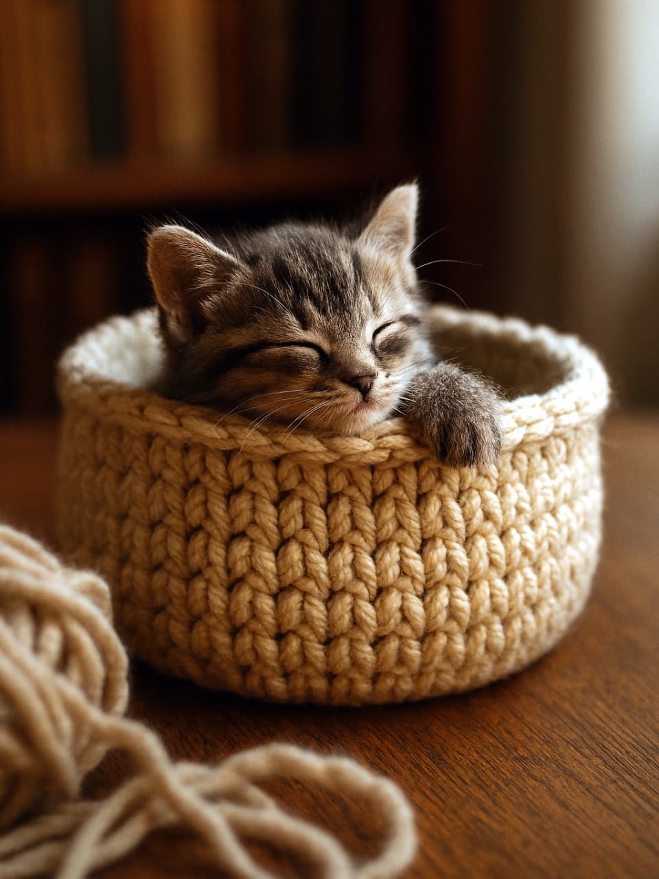 グレーの子猫がクリーム色の編みかごの中で眠っている。頭と片方の前足を縁にかけ、右側からの柔らかな窓明かりに包まれている。手前にはぼかした毛糸の糸、奥には暖色系の本棚がぼんやりと映る。Photorealistic image of a small grey tabby kitten sleeping inside a cream knitted basket, head resting on the rim with one tiny paw draped over, soft yarn strands blurred in the foreground, warm bookshelf bokeh in the background, lit by gentle window light from the right.