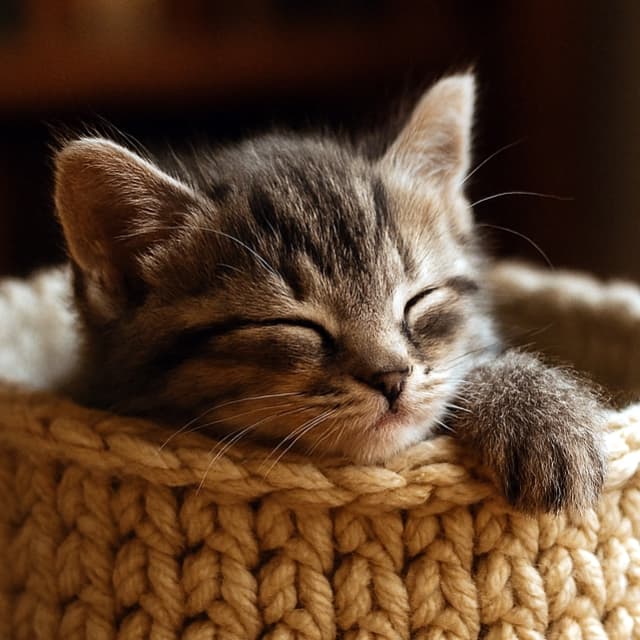グレーの子猫がクリーム色の編みかごの中で眠っている。頭と片方の前足を縁にかけ、右側からの柔らかな窓明かりに包まれている。手前にはぼかした毛糸の糸、奥には暖色系の本棚がぼんやりと映る。