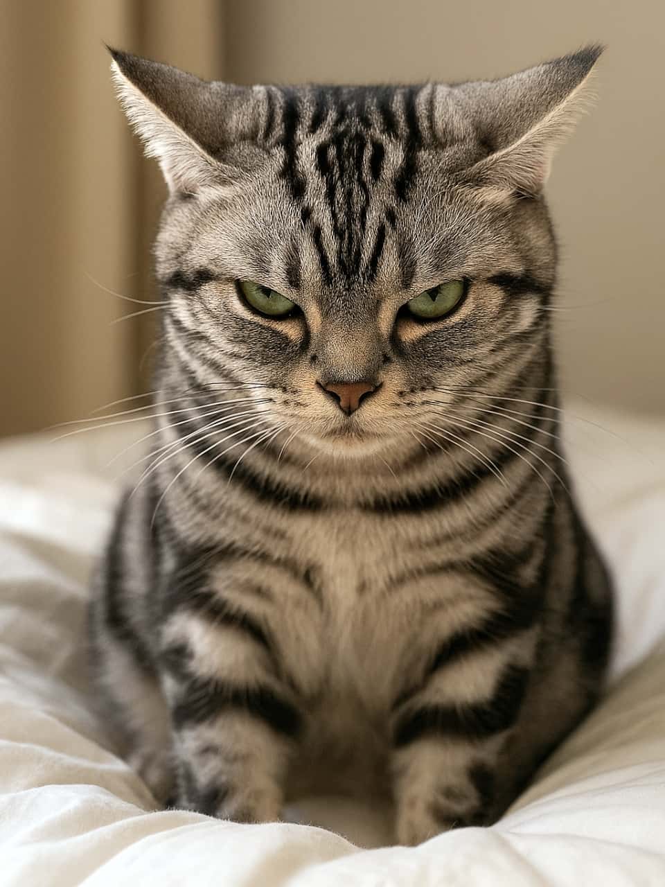 白い布団の上に座る、生後一年のアメリカンショートヘア。耳を外側にピーンと反らせ、鋭い目つきでこちらを睨んでいる。不機嫌そうな表情が際立ち、銀灰色の縞模様が美しく浮かび上がっている