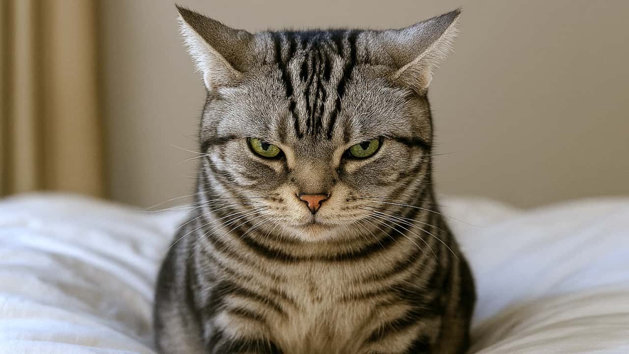 白い布団の上に座る、生後一年のアメリカンショートヘア。耳を外側にピーンと反らせ、鋭い目つきでこちらを睨んでいる。横長構図で、布団の広がりと猫の存在感が強調されている