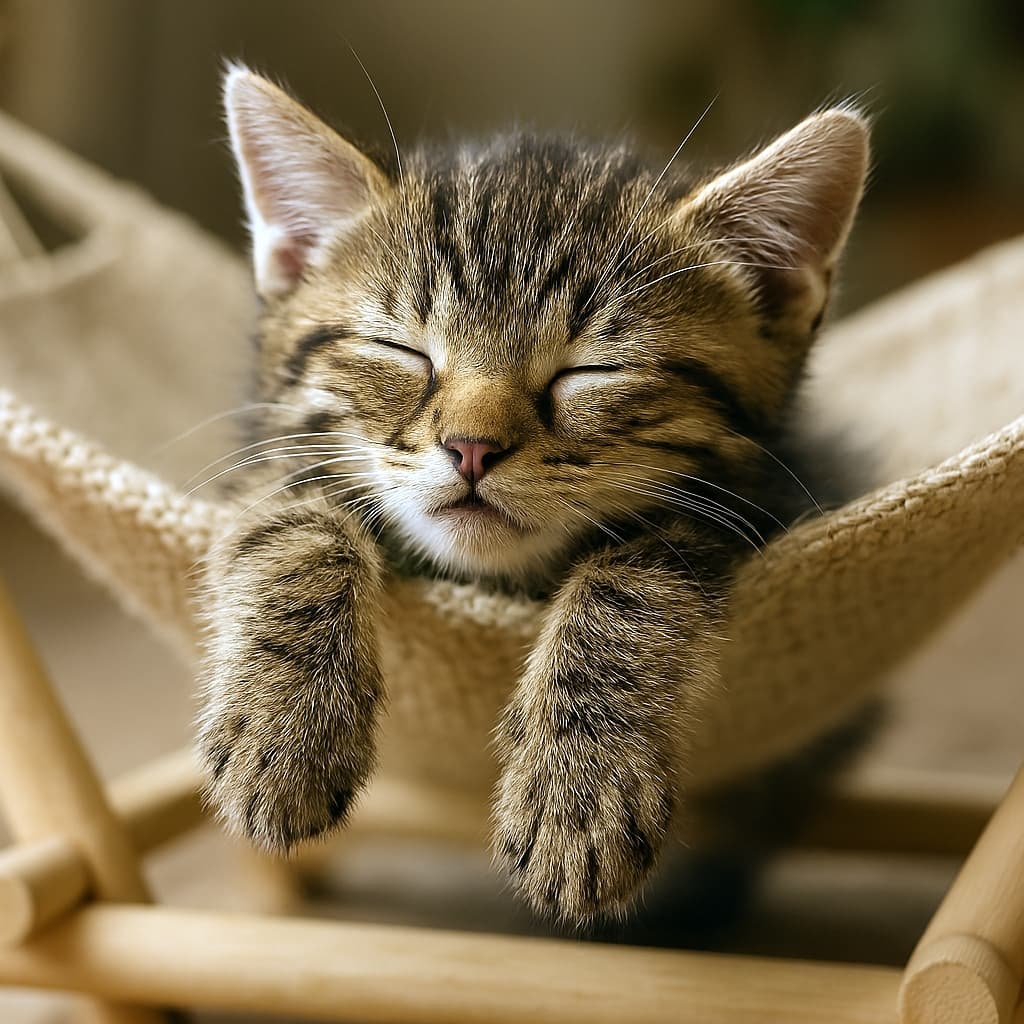小さな茶トラの子猫が木枠のハンモックで目を閉じて眠っている。前足を縁に垂らし、穏やかな表情でくつろいでいる様子。