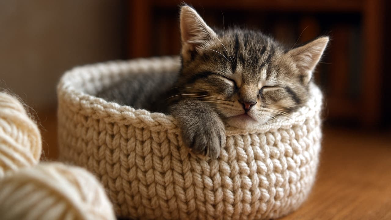 編み目の細かいクリーム色のニットバスケットで眠る子猫。頭を少し外に出し、小さな前足を縁にかけ、右からの柔らかな窓光に包まれている。前景にぼかした毛糸、背景に暖色の本棚ボケ。A tabby kitten sleeping inside a cream-colored knitted basket, head slightly out, tiny paw over the rim, softly lit from the right by window light. Blurred yarn strands in the foreground, warm-toned bookshelf bokeh in the background.