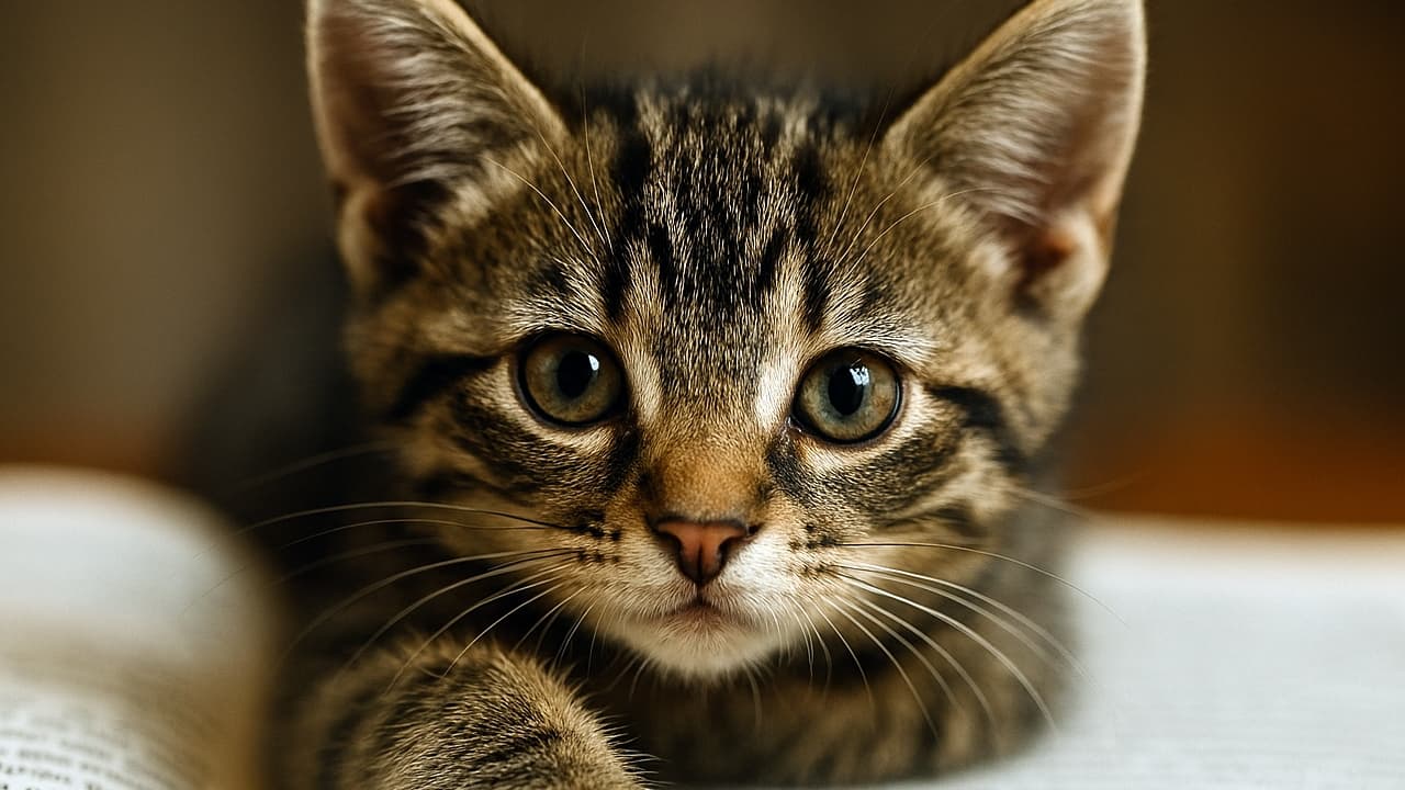 開かれた本の上に、文章を隠すように前足を置いた子猫。前足にシャープなピントが合い、本の文字はややぼやけている。子猫はカメラ目線で、かまってほしそうな表情をしている。横長構図のリアルな高解像度写真
