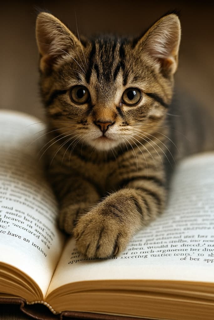 開かれた本の上に前足を乗せて、カメラ目線で見つめる子猫。前足にピントが合い、背景の文字がぼやけている。かまってポーズ炸裂。かまってほしそうな表情が印象的