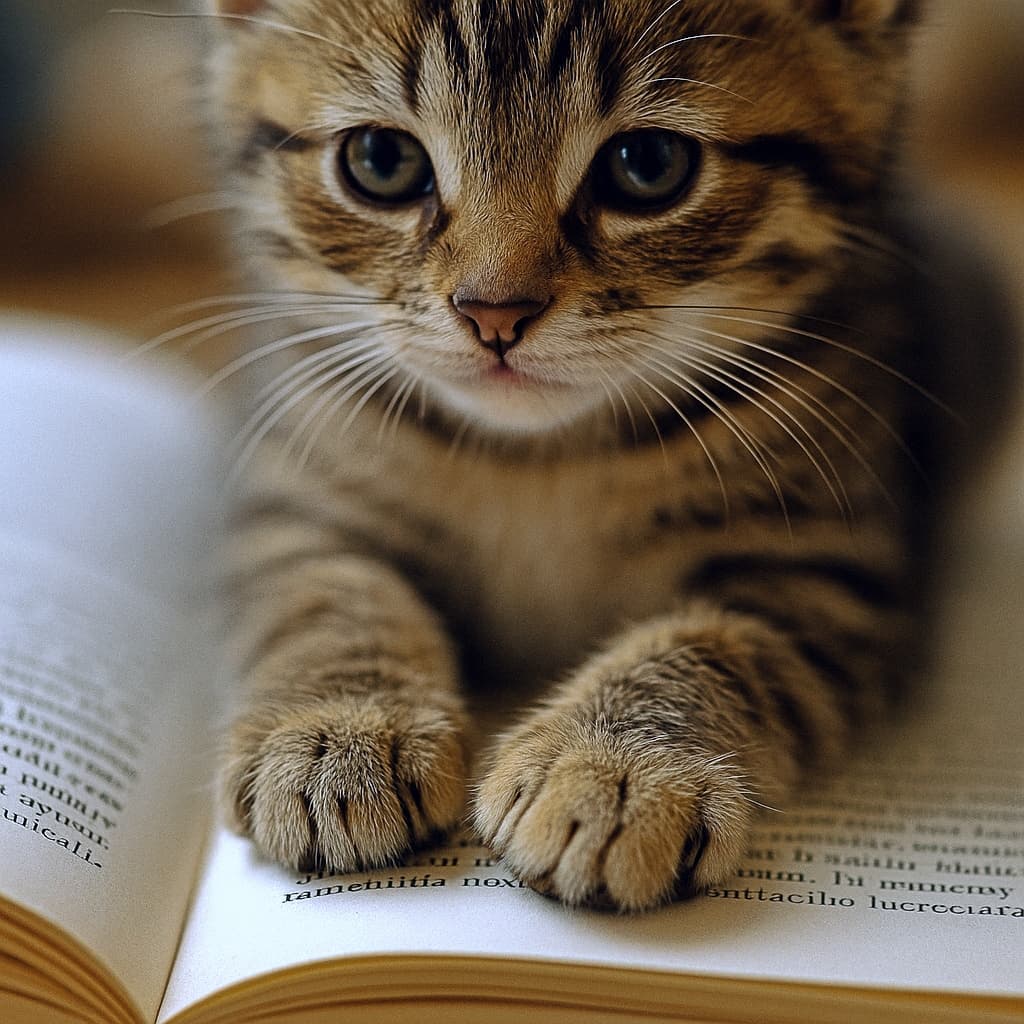 イタリア語の本に前足を乗せて読書しているような子猫。柔らかな照明が温かみを演出し、好奇心と癒しを感じさせるシーン（Paws & Pages: A Kitten Lost in Italian Literature）