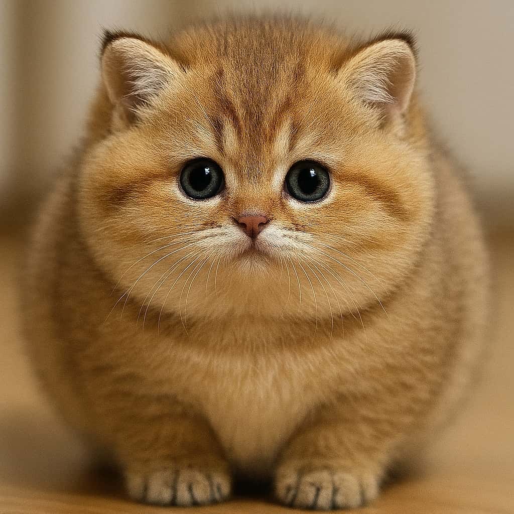 木目の床にちょこんと座る、頭が球体のようにまん丸な子猫。ふわふわの毛並みと大きな瞳が印象的