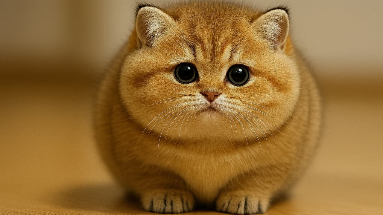 横長構図で撮影された、黄金色の毛並みを持つまん丸な子猫。木の床に座り、まっすぐこちらを見つめている