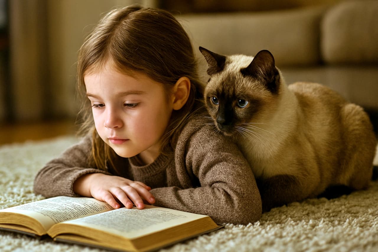 カーペットの上で本を読む子どもと、その横で本を覗き込むシャム猫。温かい光に包まれたリビングでの静かなひととき