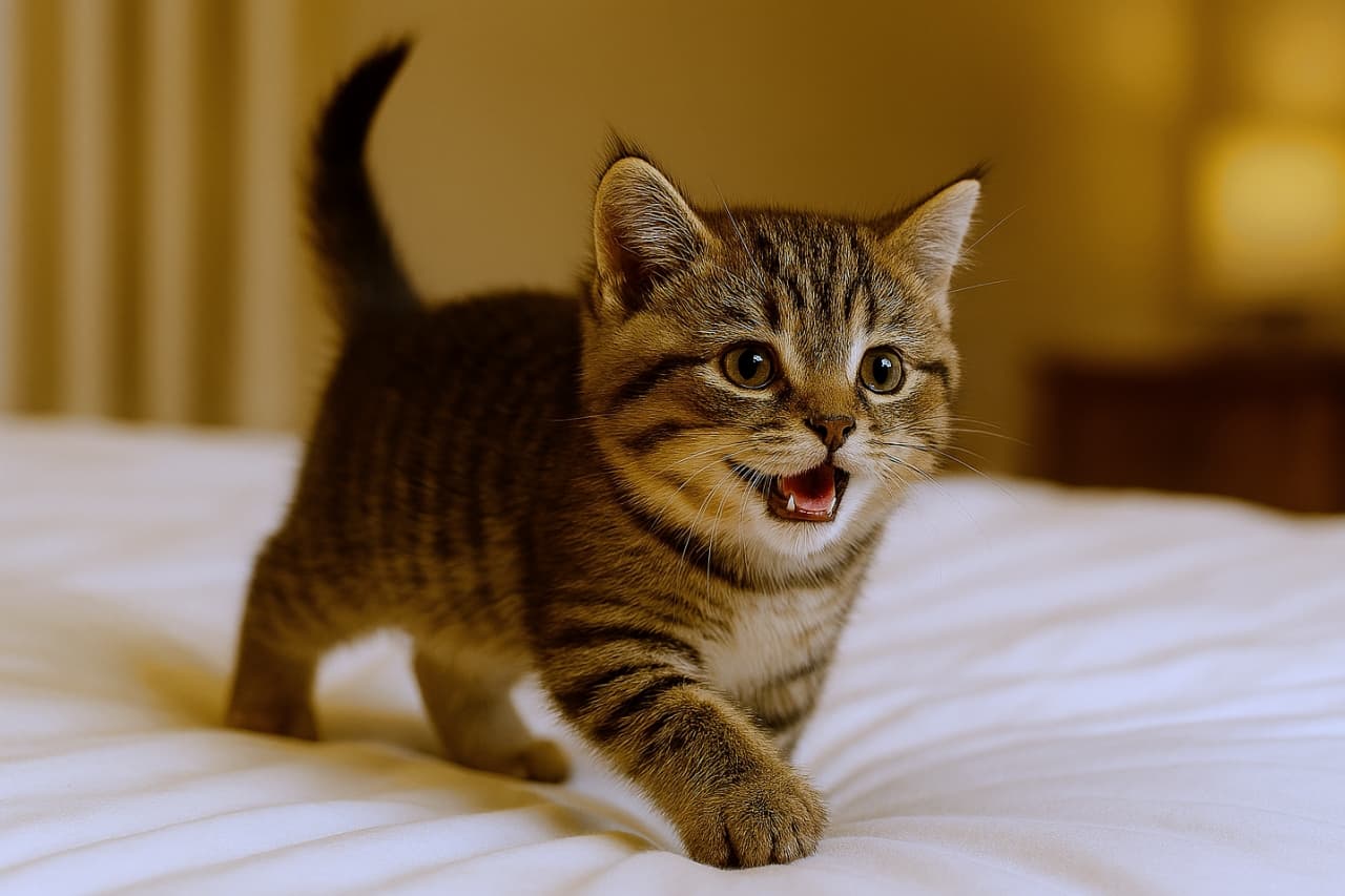 「ぴょんっ！ベッドはぼくのサーキット」白いふかふかのベッドの上を、しっぽをピンと立てて軽やかに駆け回る茶トラ子猫。大きな瞳を輝かせ、口元をほころばせながら何かを追いかけている楽しげな瞬間