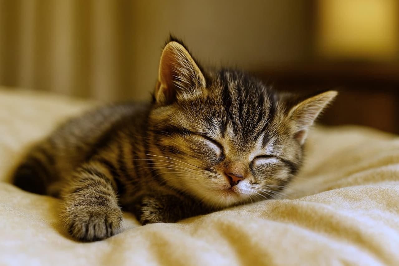 ふわふわのベージュ毛布の上で、眠気に負けてこてんと頭を預けた茶トラ子猫。目を閉じ、前足を伸ばしたまま幸せそうに眠り始める瞬間