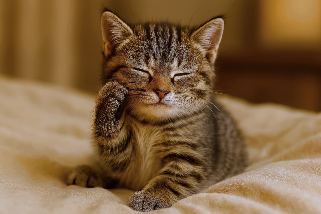 ベッドの上で目を閉じてほっぺに手を当て、うとうとするかわいい子猫。A small tabby kitten sitting on a soft beige blanket, eyes closed, gently touching its face with one paw, looking sleepy and peaceful.