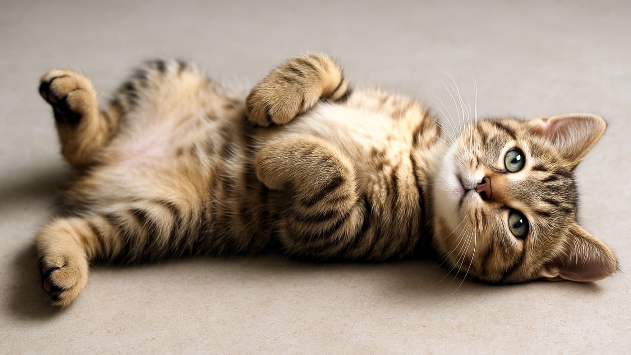 Ultra-realistic high-quality photograph of an adorable brown tabby kitten lying completely on its back (belly-up) on a light beige floor. The kitten has beautiful striped fur, with its front paws softly curled near its chest, looking straight at the camera with large, captivating green eyes against a clean, minimalist background. 明るいベージュの床の上で、完全に仰向け(ヘソ天)になって転がるキジトラ(ブラウンタビー)の子猫の超高画質写真。短く柔らかな被毛の縞模様が美しく、胸の前で前足を小さく丸め、大きなグリーンの瞳でじっとこちらを見つめています。シンプルで洗練された背景が、子猫の無邪気な愛らしさを際立たせています