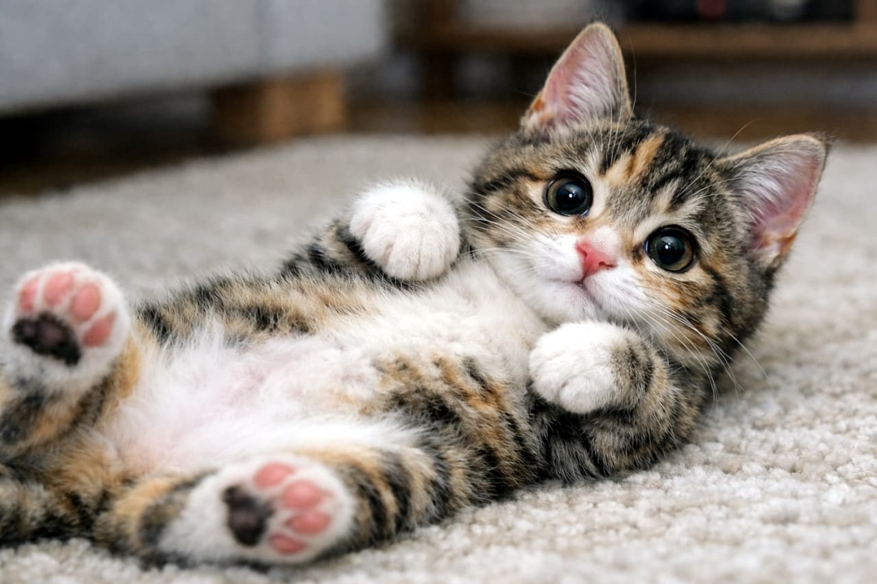 Ultra-realistic high-quality photograph of a calico tabby kitten with an extra-sweet expression, lying on its left side. Features vivid tricolor patterns and adorable pink paw pads under natural indoor lighting. 「もっと甘え顔で」というリクエストに基づき再生成された、左向きに寝転ぶキジ三毛の子猫。さらに潤みを増した瞳と、鮮やかな三毛模様の毛並みが美しい。お腹の白い毛とピンクの肉球が強調された、清潔感のある室内でのリアルな写真