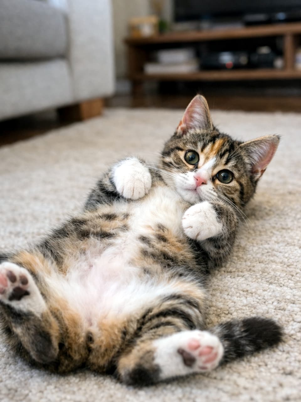 Ultra-realistic high-quality photograph of a calico tabby kitten lying on its back on a carpet, making eye contact with expressive eyes. Showing pink paw pads with vibrant tricolor fur. Soft living room background with professional bokeh. ベージュのカーペットの上で仰向けになり、ピンクの肉球を見せながらこちらを見つめるキジ三毛の子猫。潤んだ大きな瞳と、茶・黒・白が鮮やかな毛並みが特徴。背景には柔らかな光が差し込むリビングのソファがある、被写界深度を浅くした高品質なリアルフォト