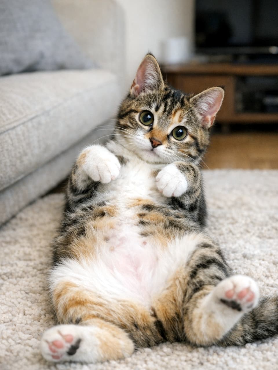 Ultra-realistic high-quality photograph of a soft-colored calico tabby kitten tilting its head while lying on its back. Features subtle spots on a white belly and adorable pink paw pads. Gentle, warm indoor atmosphere. 淡い色彩のキジ三毛子猫が、カーペットの上で仰向けになりながら首を少し傾けてこちらを伺う様子。お腹にはうっすらと茶色の斑点があり、ピンクの肉球が可愛らしく突き出している。全体的に柔らかいトーンでまとめられたリアルな写真