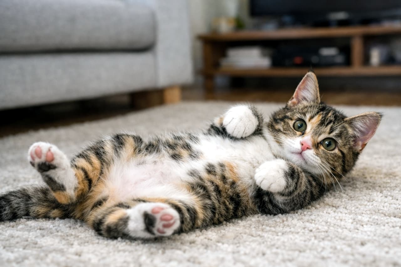 Ultra-realistic high-quality photograph of a calico tabby kitten looking straight up with a white belly exposed. Close-up shot highlighting the pink nose and shiny eyes. Clean living room setting with professional bokeh effect. 白い面積の多いお腹を上にして、真っ直ぐにレンズを見上げるキジ三毛の子猫。ピンクの鼻と潤んだ瞳が強調されたクローズアップショット。背景の家具は美しくボケており、清潔感のあるリビングの雰囲気を伝える高品質な画像