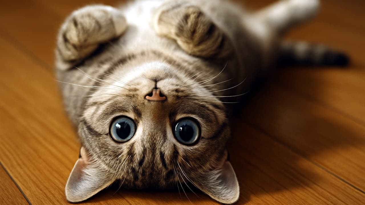 Tabby cat lying on its back on a wooden floor, looking directly at the camera with big round eyes, front paws curled to chest, relaxed and playful expression