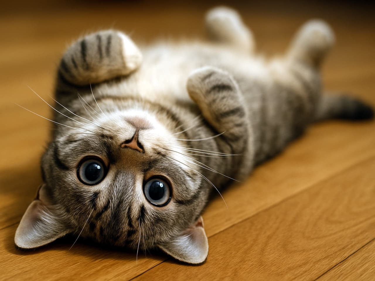 Relaxed tabby cat stretched out on its back on a wooden floor, gazing at the camera with wide expressive eyes, front paws slightly curled, cozy and trusting atmosphere
