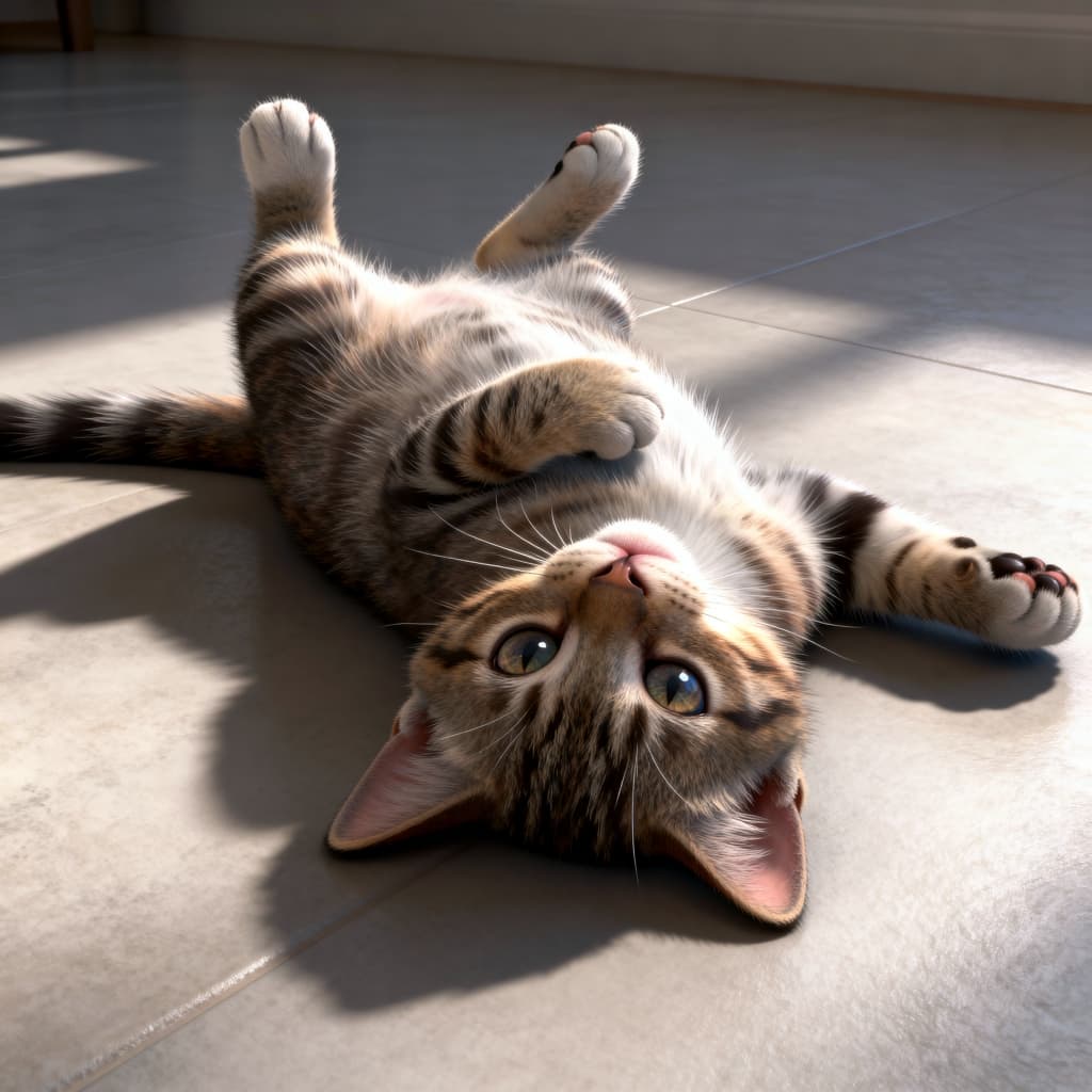 Young tabby kitten lying on its back on a smooth light-colored floor, white belly exposed, striped fur with spots and stripes, paws gently curled, wide eyes gazing upward, sunlight streaming from the left casting soft shadows