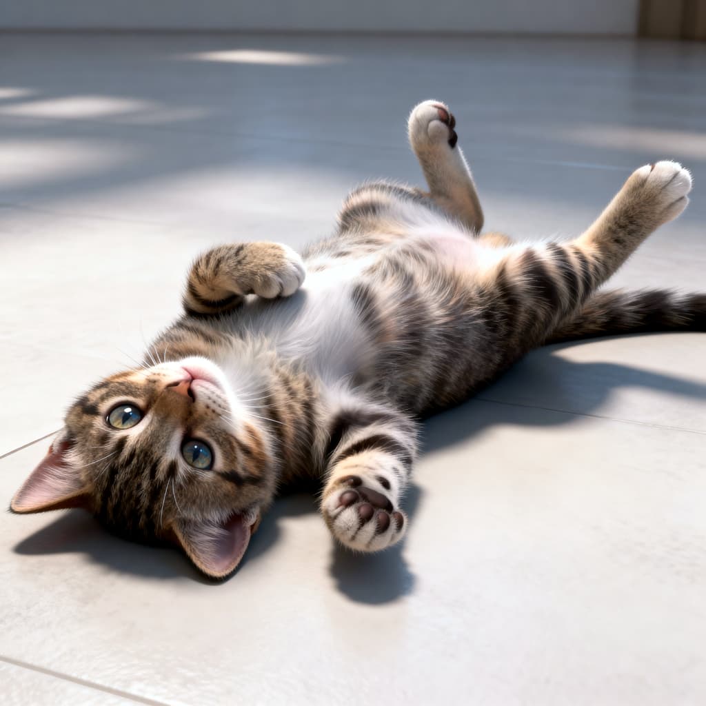Tabby cat lying on its back on a tiled floor, belly exposed, striped fur in shades of brown and white, sunlight streaming from a window highlighting fur texture and casting soft shadows, relaxed and charming pose