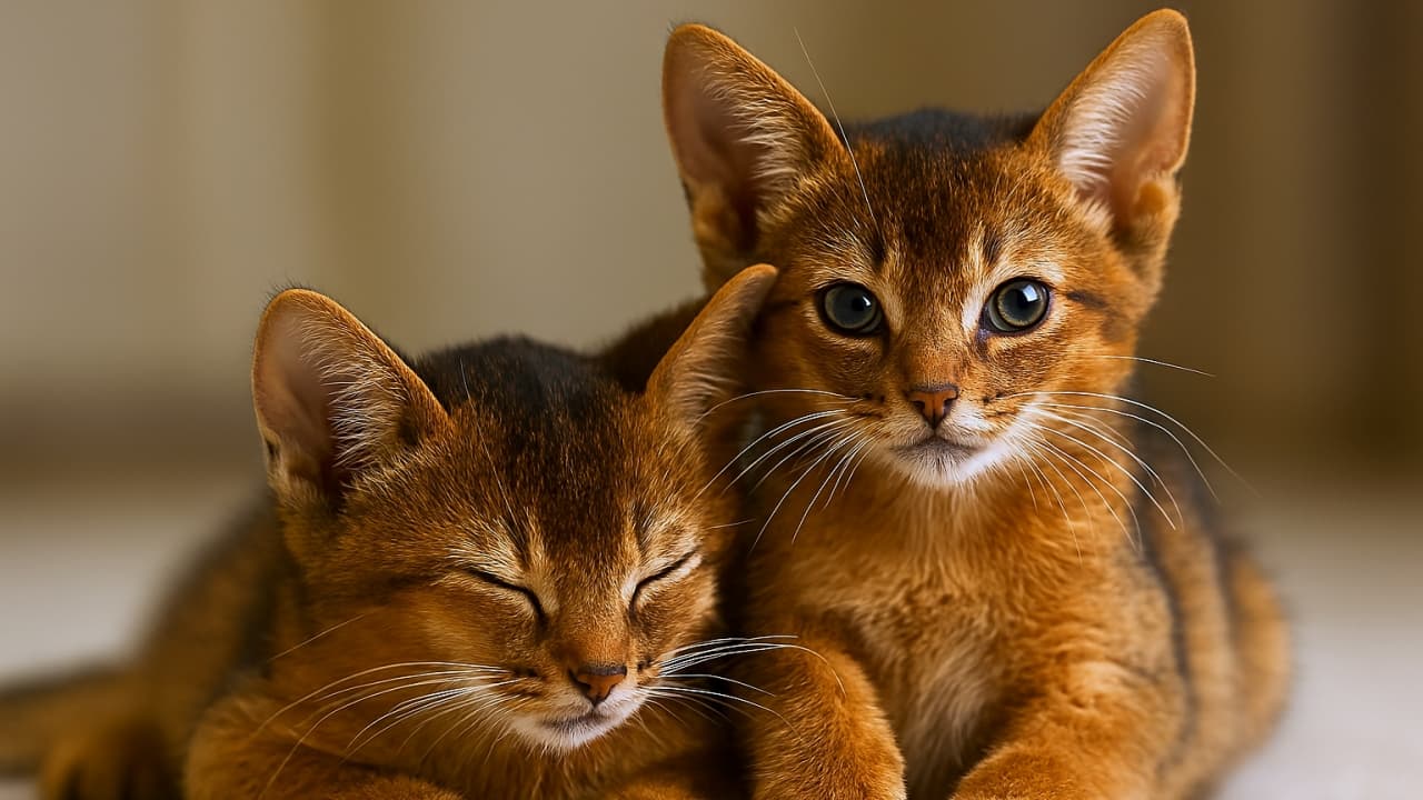 柔らかなカーペットの上で寄り添うアビシニアンの子猫２匹。左の子は目を閉じてリラックスし、右の子はカメラを見つめている。温かい光に包まれ、安心感と仲の良さが伝わるシーン