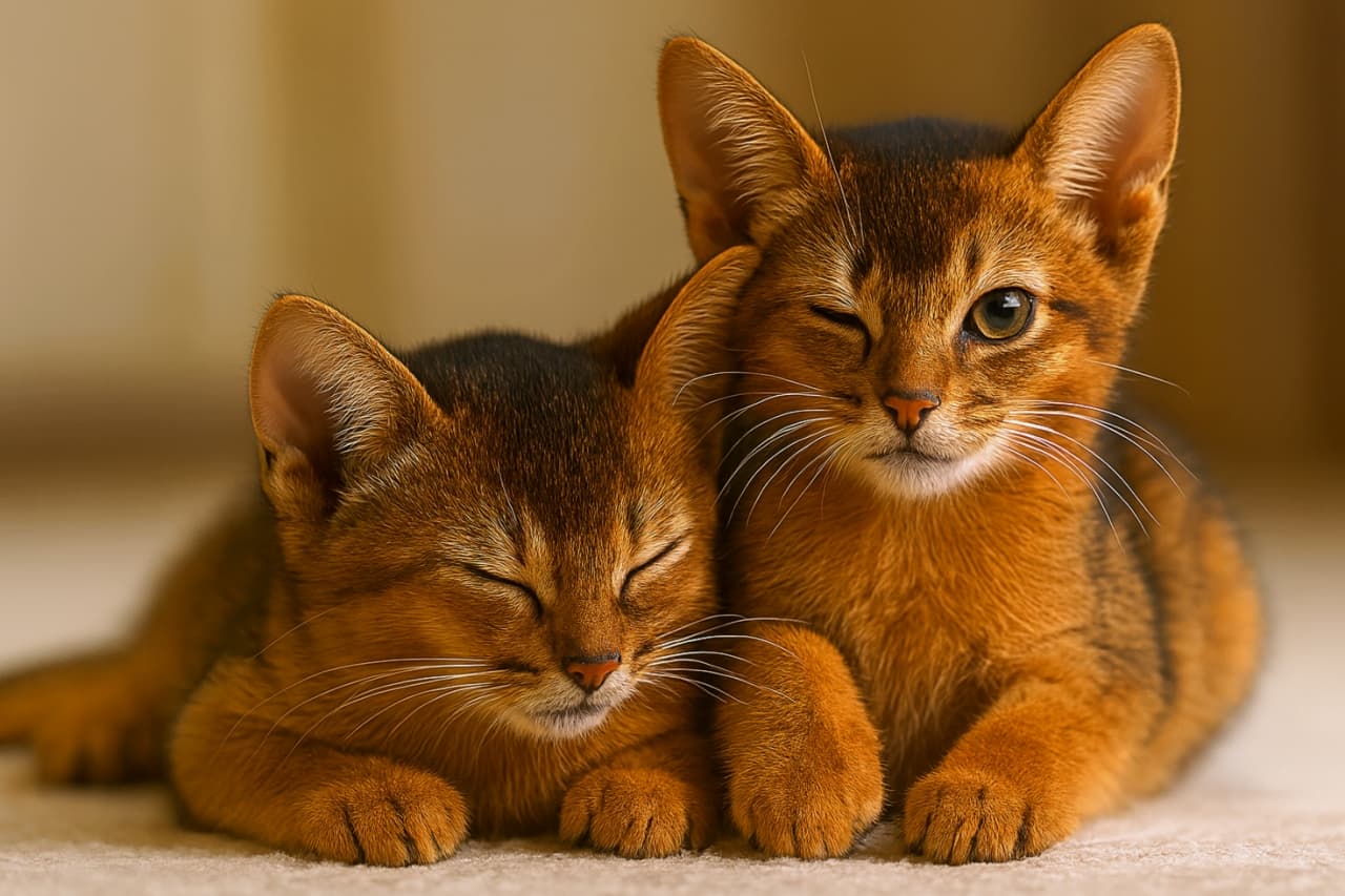 柔らかなカーペットの上で寄り添うアビシニアンの子猫2匹。左の子は目を閉じて休んでおり、右の子は片目をウィンクして遊び心のある表情を見せている。 reddish-brown の毛並みが自然光に照らされ、仲の良さと安心感が伝わるシーン