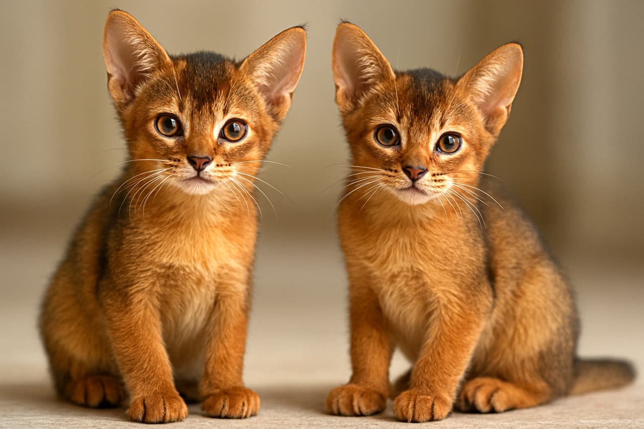 室内の床に並んで座るアビシニアンの子猫2匹。どちらもカメラを真っ直ぐ見つめ、好奇心に満ちた表情をしている。大きな耳と柔らかな reddish-brown の毛並みが自然光に照らされ、愛らしさと活発さが伝わるシーン