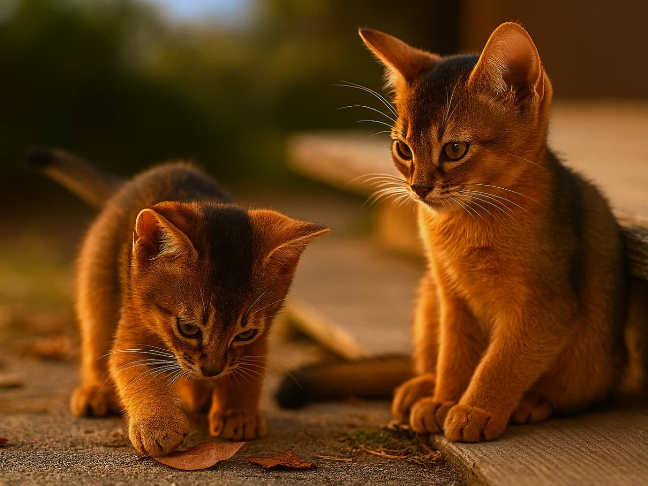 秋の縁側で、アビシニアンの子猫2匹。1匹は庭に降りて落ち葉を前足でつつき、もう1匹は縁側に残ってその様子を見守っている。好奇心旺盛な子と慎重な子の対比が伝わるシーン
