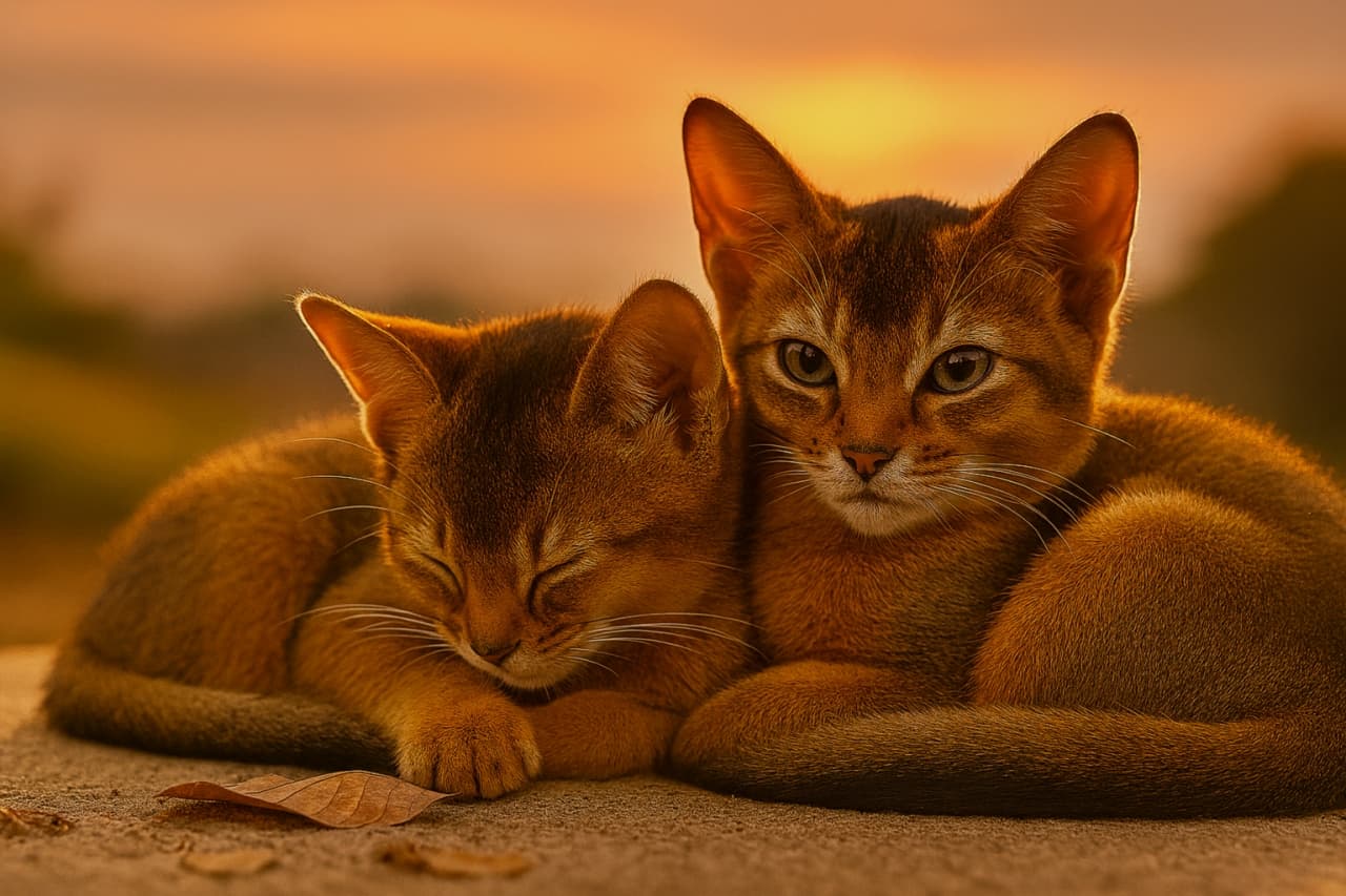 茜色の夕暮れに包まれて寄り添うアビシニアンの子猫2匹。丸くなって安心した表情を見せ、1日の終わりを感じさせる温かく落ち着いた雰囲気