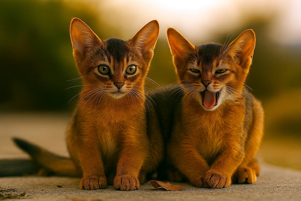 並んで同じ方向を見ているアビシニアンの子猫2匹。片方は耳をピンと立てて真剣な表情、もう片方はリラックスして大きなあくびをしている。『同じ景色を見ても感じ方はそれぞれ』という対比が伝わるシーン