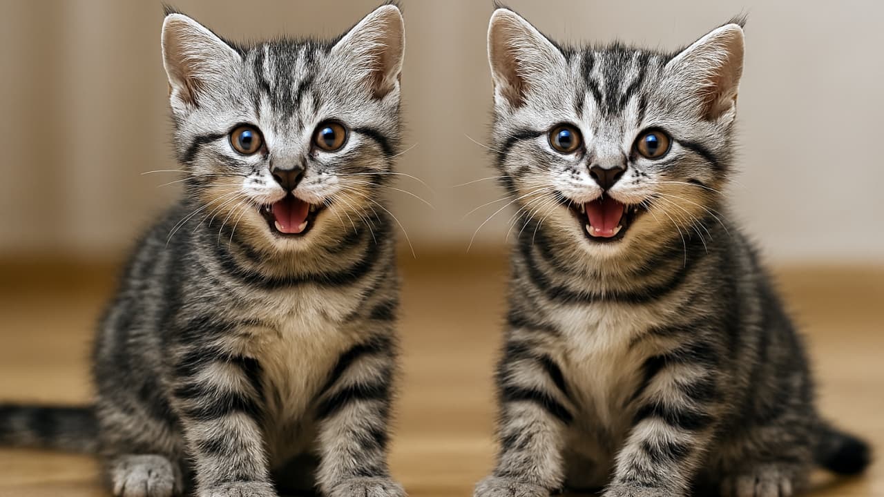 明るい木の床に並んで座るアメリカンショートヘアの子猫２匹。左の子は丸い目でカメラを見つめ、右の子は口を少し開けて鳴いているように見える。銀色の縞模様の毛並みが光を受けて輝き、元気で活発な性格が伝わる