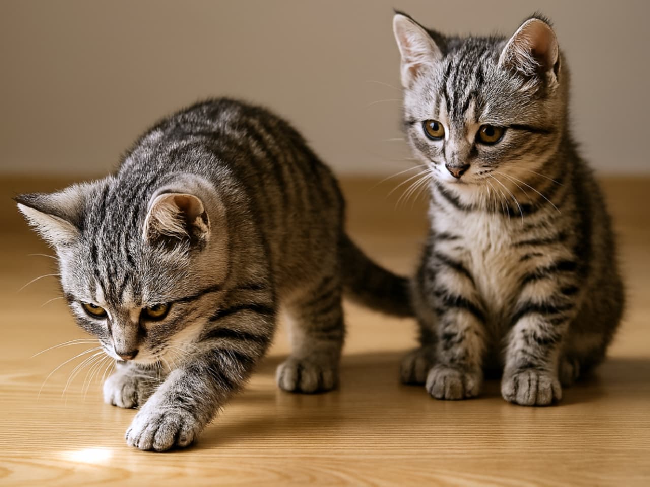 前の子猫が床の光の反射に前足を伸ばして触れようとし、後ろの子猫がその様子をじっと観察している
