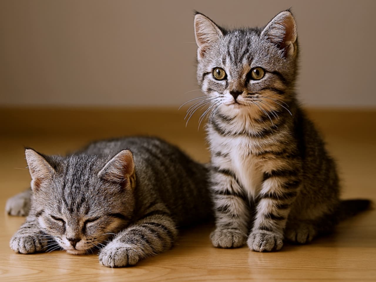 左の子猫が床に横になって眠そうに目を閉じ、右の子猫は座ったまま前方を見つめている