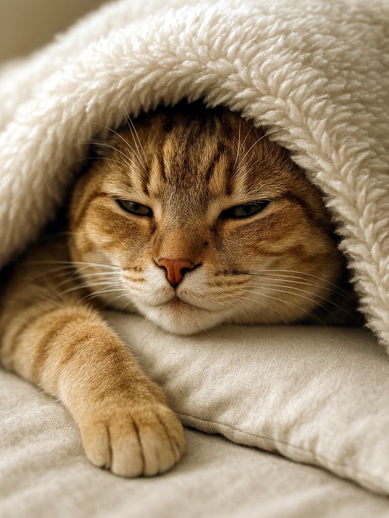 黄金色の短毛猫（淡いタビー模様）が厚手のオフホワイト毛布に包まれ、頭を柔らかなライトカラーの布面に預けて半目でうとうと。前足は毛色がゴールドからクリームへ自然にグラデーション。浅い被写界深度で顔と前足にピント、背景は柔らかくぼかされ、暖かく落ち着いた色調。Close‑up of a golden‑brown domestic short‑haired cat with faint tabby markings, lying under a thick, off‑white plush blanket. The cat’s head rests on a light futon surface, eyes half‑closed in a sleepy, content expression, one cream‑tipped paw extended. Soft, diffused lighting and shallow depth of field keep the cat’s face and paw in sharp focus, background blurred.