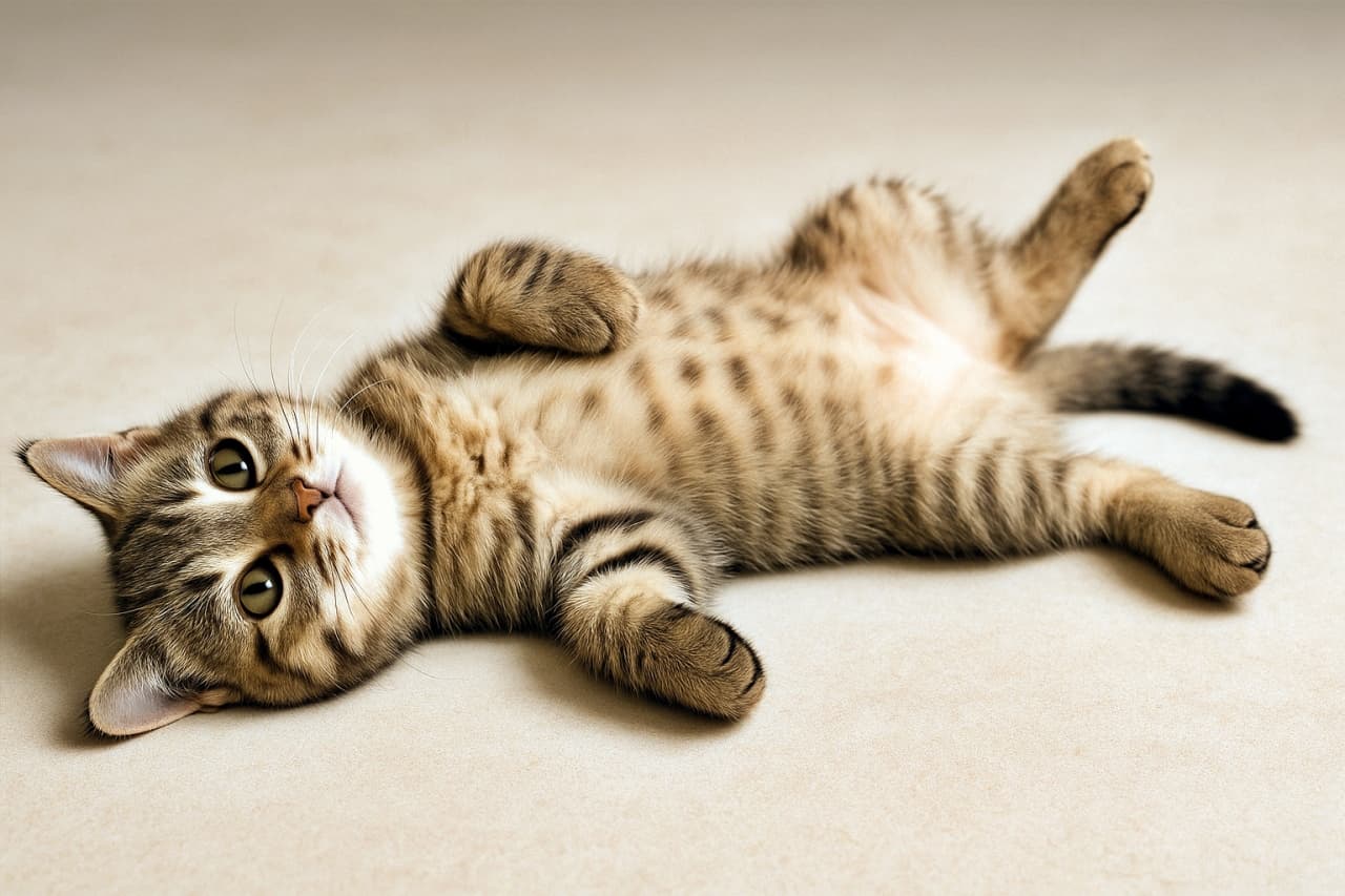 薄い色の床に仰向けで横たわる茶トラ子猫。お腹の斑点模様を見せ、前足を胸に曲げ、後ろ足を伸ばしてリラックス。大きな目を開き、耳を立てて好奇心いっぱいに見上げている