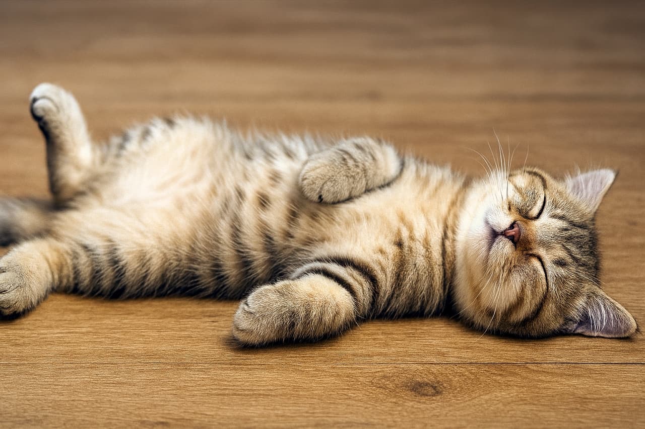 木の床に仰向けで眠る小さな茶トラ子猫。目を閉じ、前足と後ろ足をゆったり伸ばし、柔らかな縞模様の毛並みが床の色と調和している