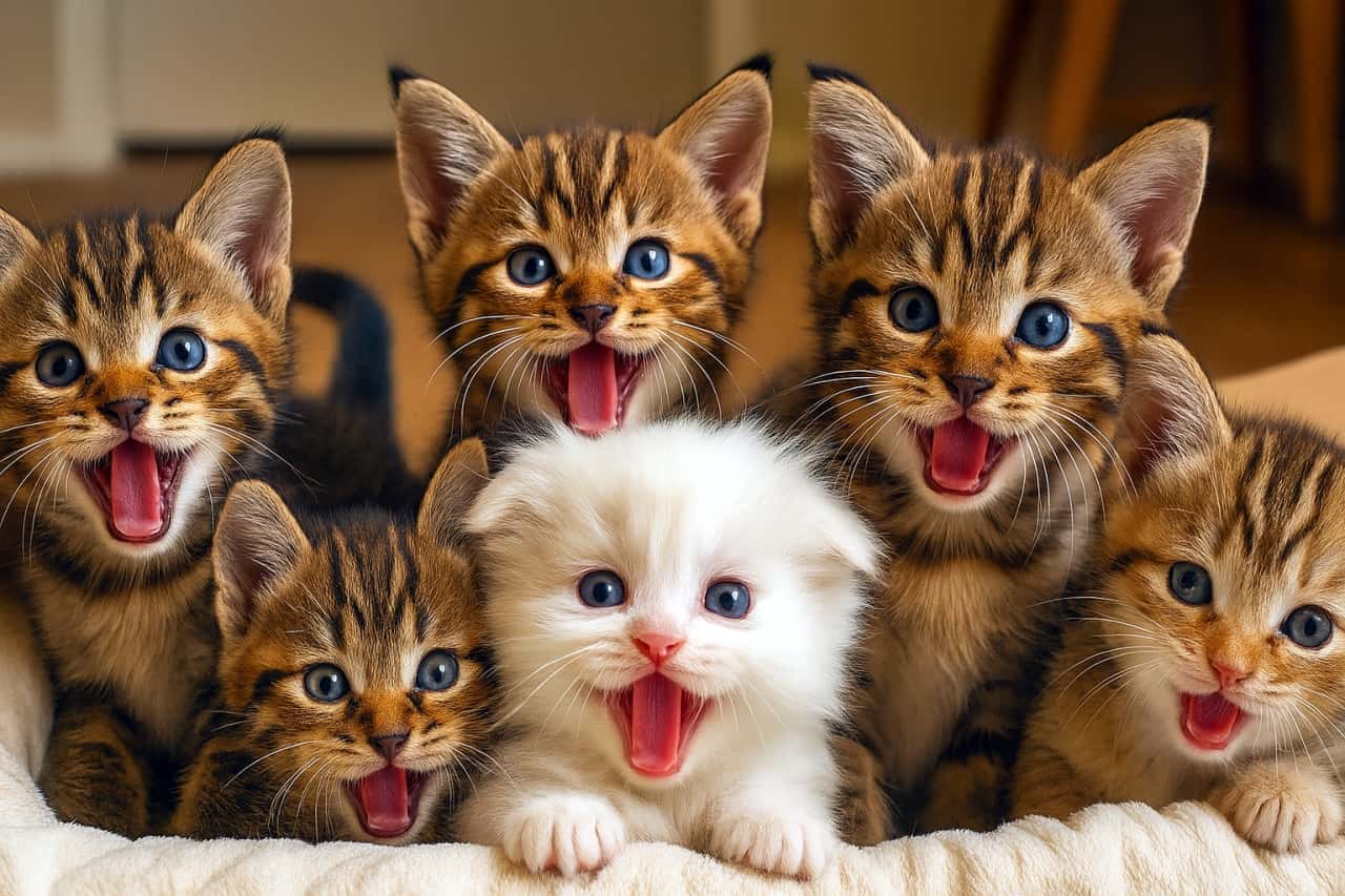 6匹の子猫が箱の中で一斉に鳴いている様子。中央に白猫、周囲にトラ猫が並び、青い瞳が印象的な室内シーン