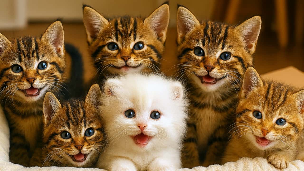 ６匹の子猫が柔らかい毛布の上で自然な笑顔を見せている。中央に白猫、周囲にトラ猫が寄り添い、温かい雰囲気