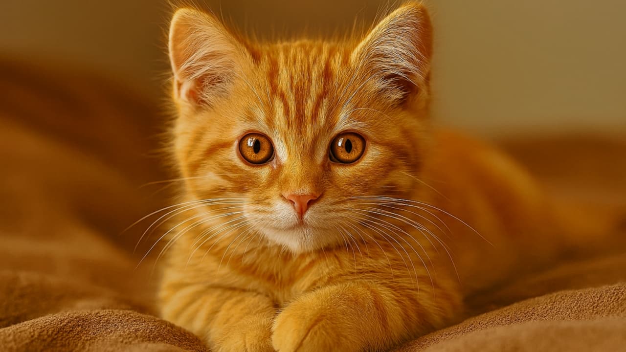 横長構図で撮影されたオレンジ色の子猫が、茶色の毛布の上で前足を交差させて横たわっている。琥珀色の瞳が柔らかな自然光に輝き、ふわふわの毛並みが温かい雰囲気を演出している