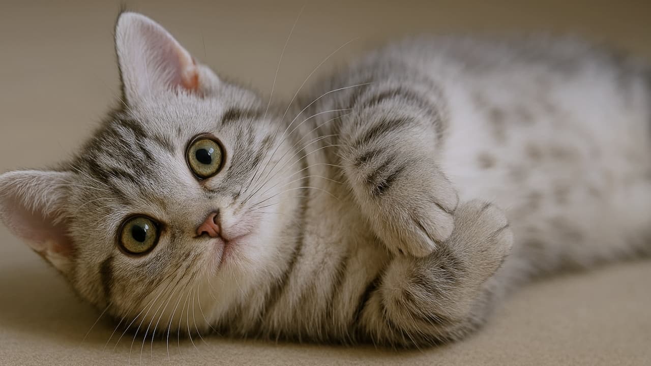 Close-up of a relaxed tabby cat gazing at the camera, with soft lighting highlighting its striped fur and expressive round eyes. リラックスした表情でカメラを見つめる縞模様のタビー猫のクローズアップ写真。柔らかな光が毛並みの質感と大きな瞳を際立たせている" title="Close-up of a relaxed tabby cat gazing at the camera, with soft lighting highlighting its striped fur and expressive round eyes. 仰向けに寝転び、リラックスした表情でカメラを見つめる銀色の縞模様の子猫のクローズアップ写真。柔らかな光が毛並みの質感と大きな瞳を際立たせている。胸の前で前足を軽く曲げながらカメラを見上げている。大きな丸い目と白い口元、小さなピンクの鼻が柔らかい自然光に照らされている