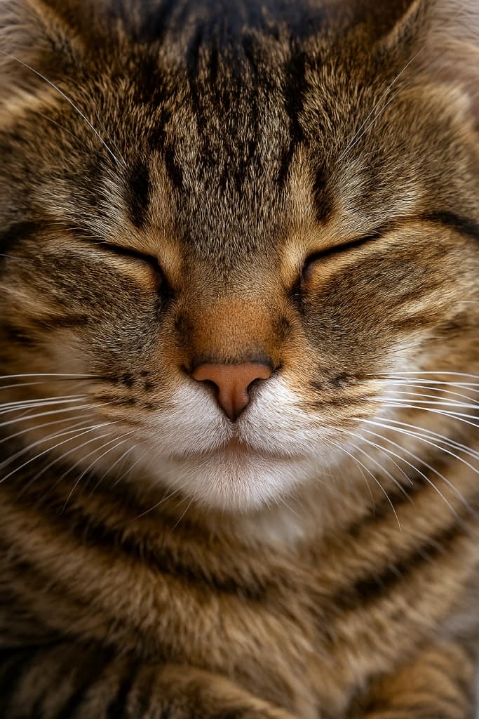 Close-up of a sleeping tabby cat’s face with closed eyes, soft pink nose, and white fur around the mouth, detailed tabby markings, serene expression, natural soft light.