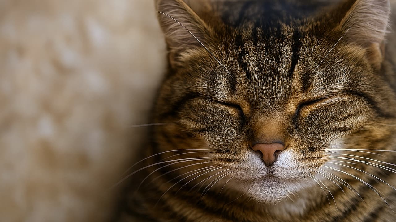 Wide close-up of a sleeping tabby cat’s face with closed eyes, pink nose, and white muzzle, surrounded by blurred warm-toned background, peaceful and photorealistic.