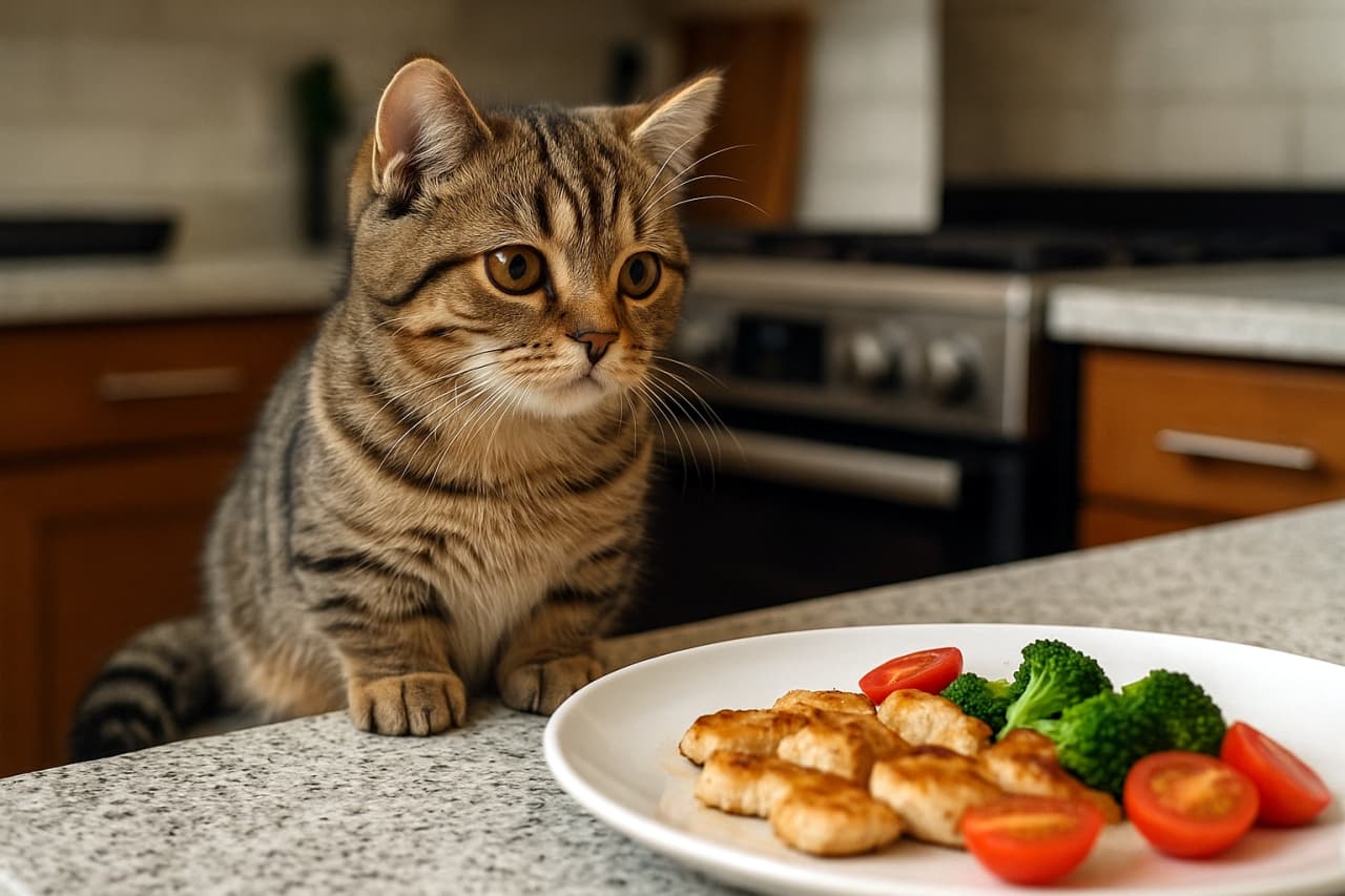 「マンチカンの子猫のキッチン探検」キッチンカウンターの上で、グリルチキンと野菜の盛り合わせをじっと見つめる縞模様の猫。真剣な表情がかわいらしい日常の一コマ。キッチンでごはんを狙うマンチカン