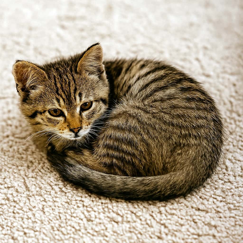 カーペットの上で頭を少し持ち上げ、うっすら目を開けたタビー子猫