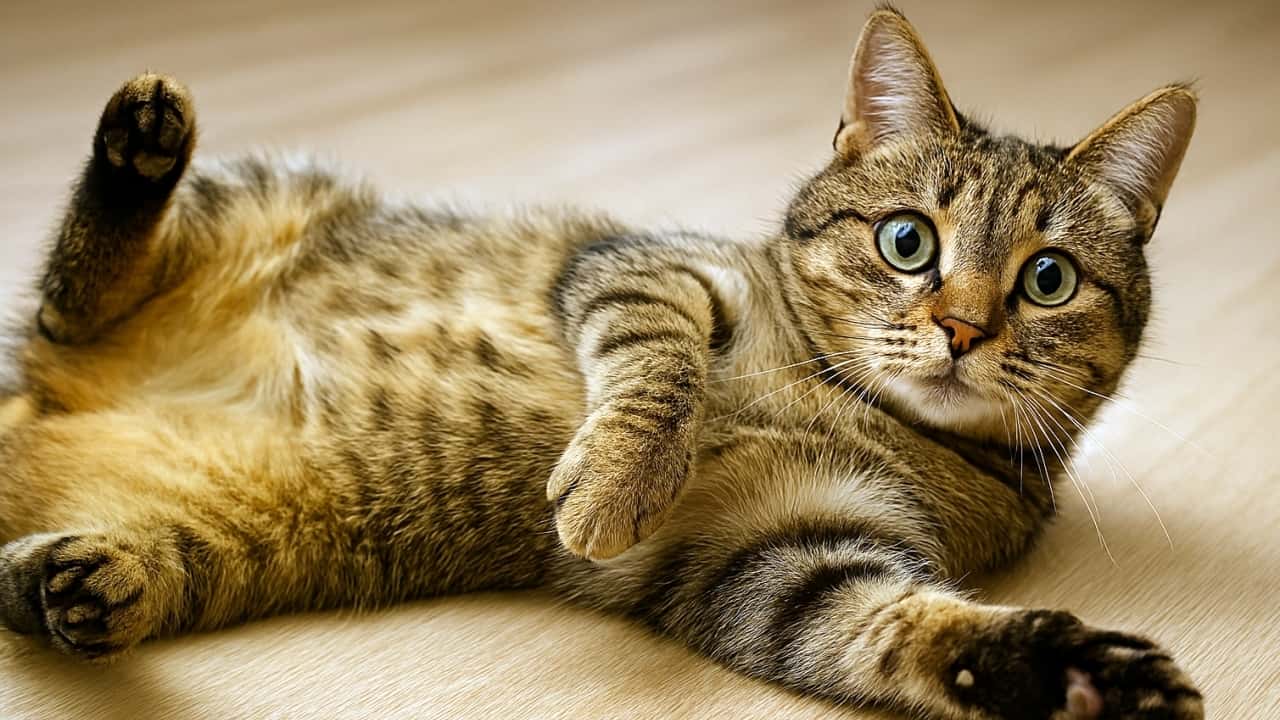 木の床に仰向けで寝転ぶ縞模様の猫。お腹を見せ、前足を伸ばしながら大きな緑の瞳でこちらを見つめている。あたたかな光が毛並みを照らし、柔らかさと安心感が伝わるリアルなシーン